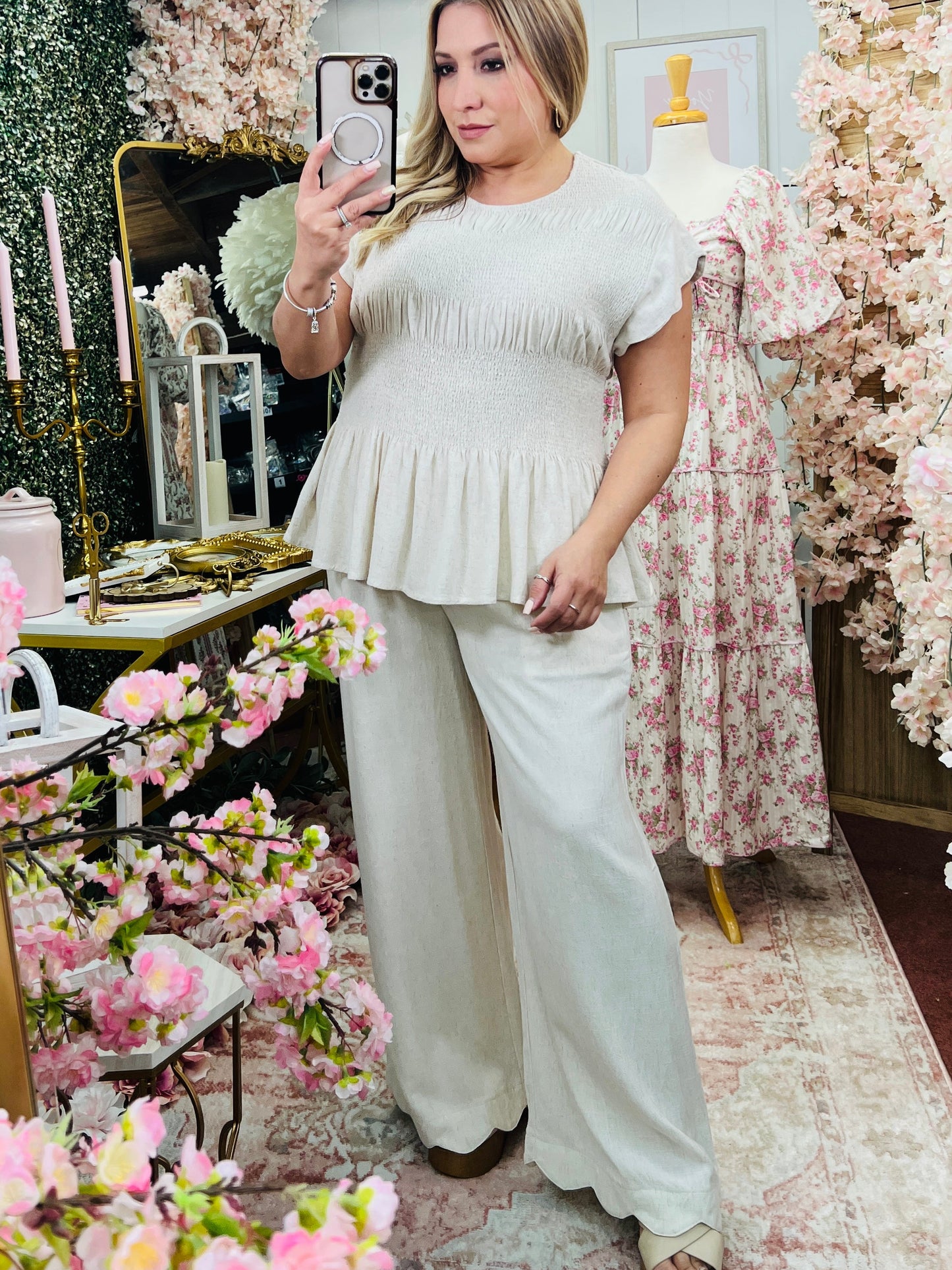 LINEN BLEND PEPLUM TOP/LINEN SCALLOP HEM WIDE LEG PANTS SET* OATMEAL