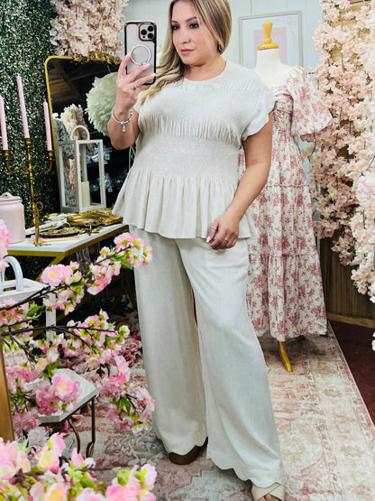 LINEN BLEND PEPLUM TOP/LINEN SCALLOP HEM WIDE LEG PANTS SET* OATMEAL