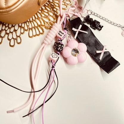 HANDMADE BAG CHARMS ~ PINK METAL FLOWER