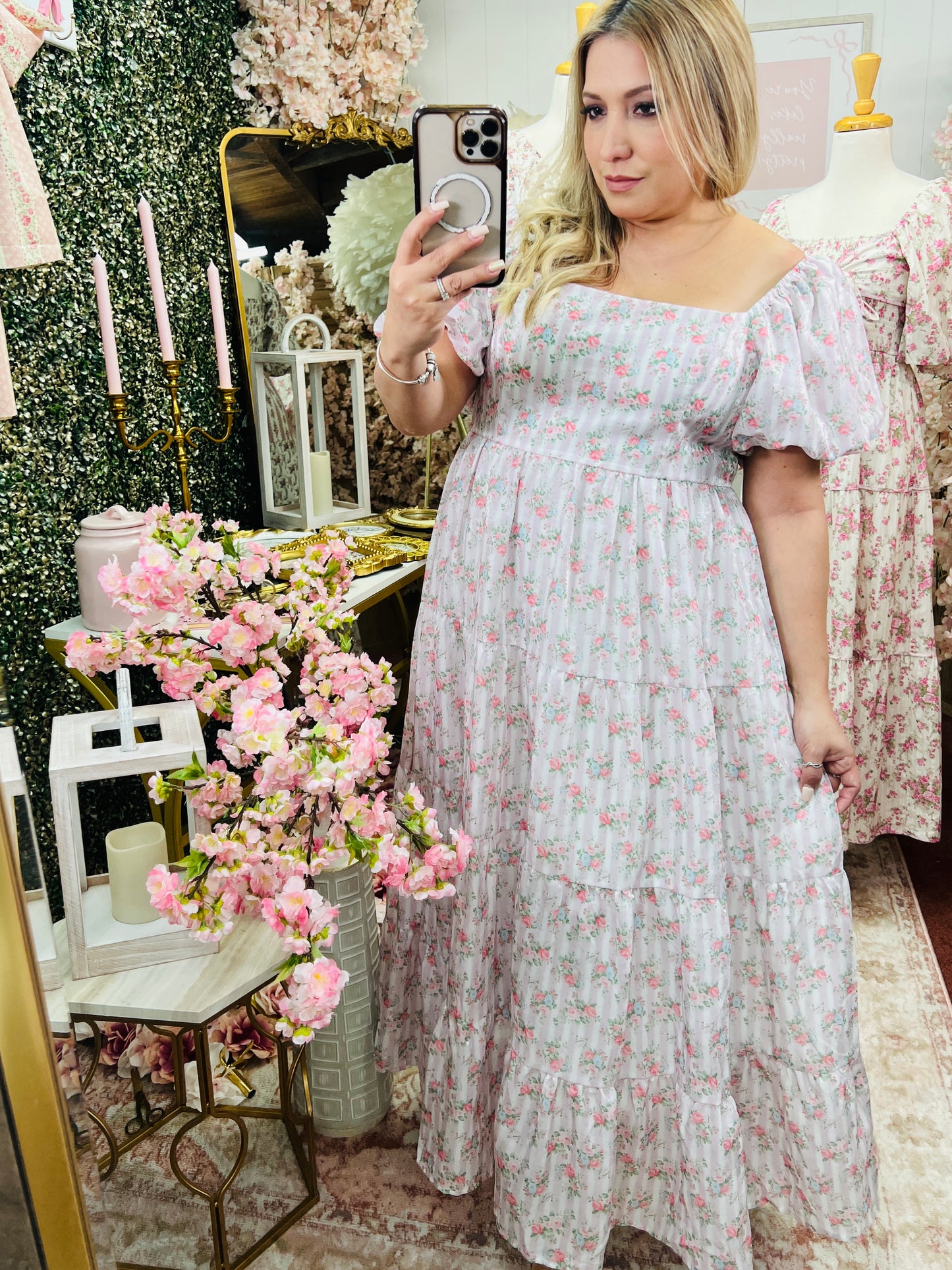 FLORAL PRINTED W/BOW BACK TIE DETAIL MIDI DRESS
