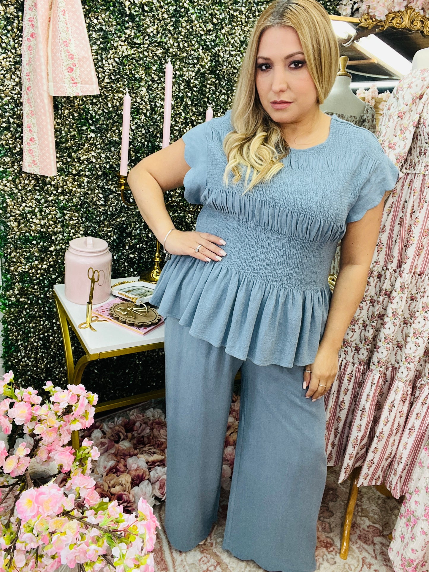 LINEN BLEND PEPLUM TOP/LINEN SCALLOP HEM WIDE LEG PANTS SET* STEEL BLUE