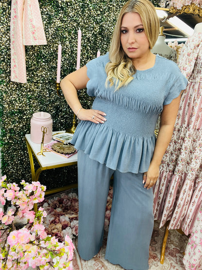 LINEN BLEND PEPLUM TOP/LINEN SCALLOP HEM WIDE LEG PANTS SET* STEEL BLUE