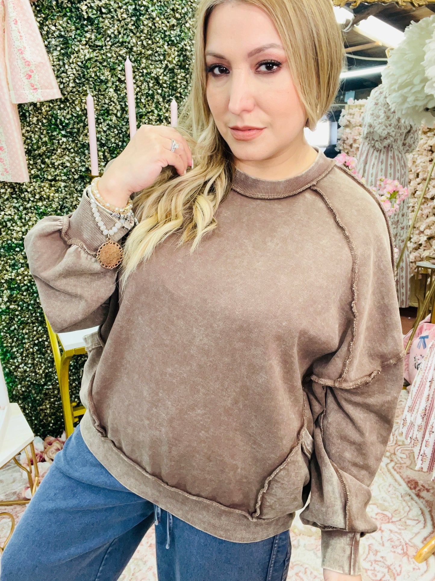 CUT OUT MINERAL WASHED PULLOVER - CACAO