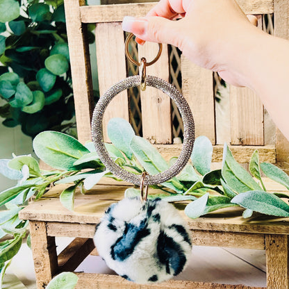 RHINESTONE HOOP & FLUFFY BALL KEYCHAIN