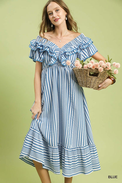 STRIPED RUFFLE MIDI DRESS
