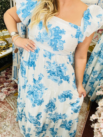 FLORAL PUFF SLEEVE W/ BACK SMOCKING MAXI DRESS ~ BLUE
