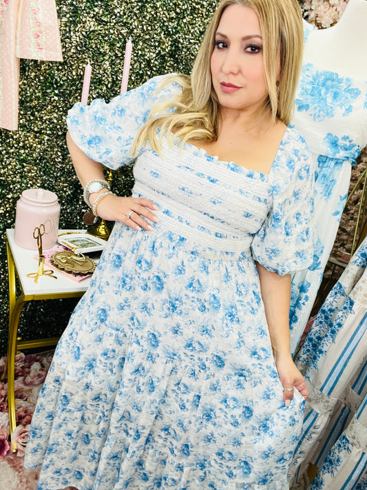 SMOCKED LACE TRIM PUFF SLEEVE MAXI DRESS