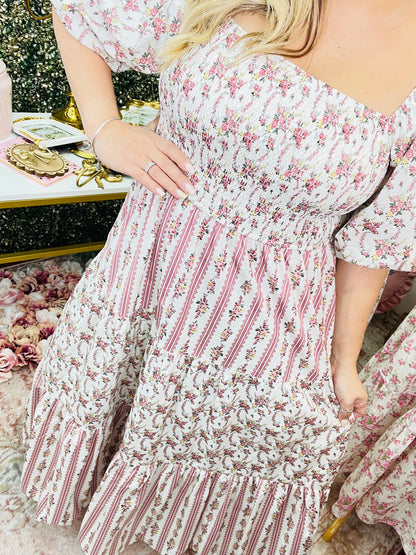 Floral Print Woven Bubble Sleeve with Smocking Top Tier Midi Dress