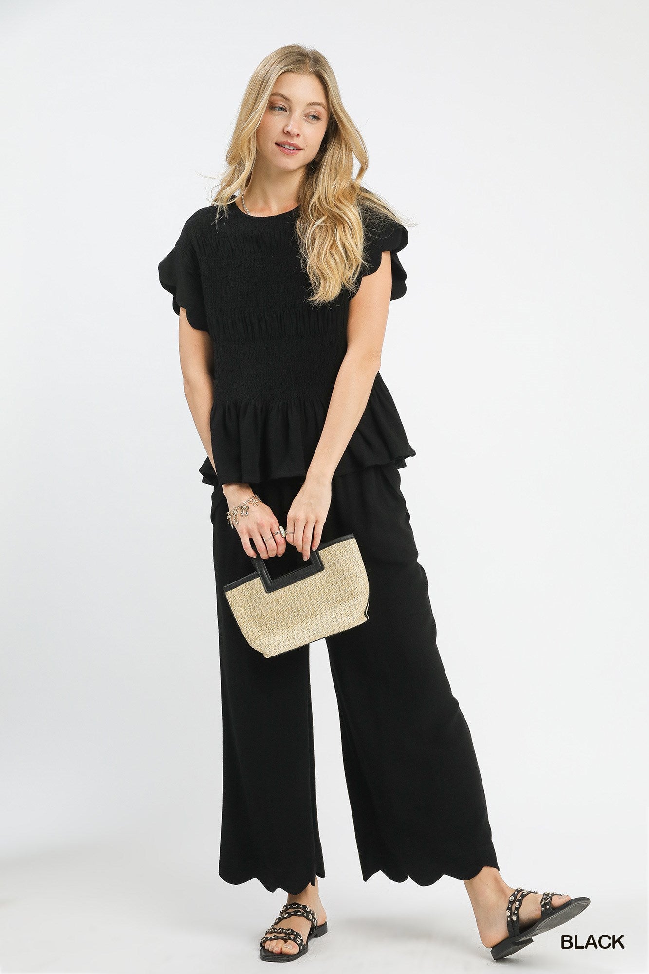 LINEN BLEND PEPLUM TOP/LINEN SCALLOP HEM WIDE LEG PANTS SET* BLACK