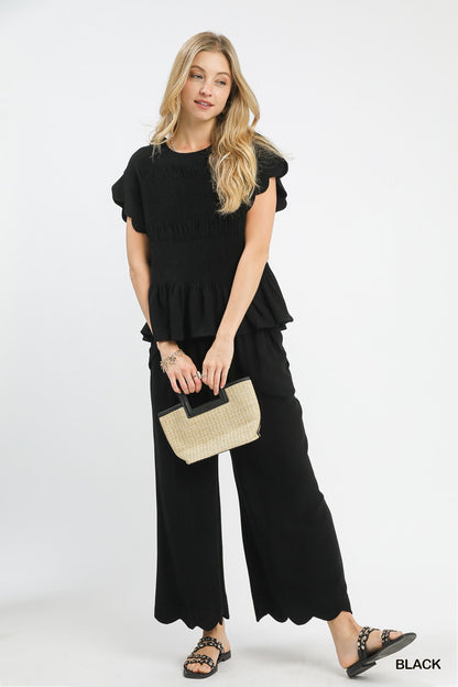 LINEN BLEND PEPLUM TOP/LINEN SCALLOP HEM WIDE LEG PANTS SET* BLACK