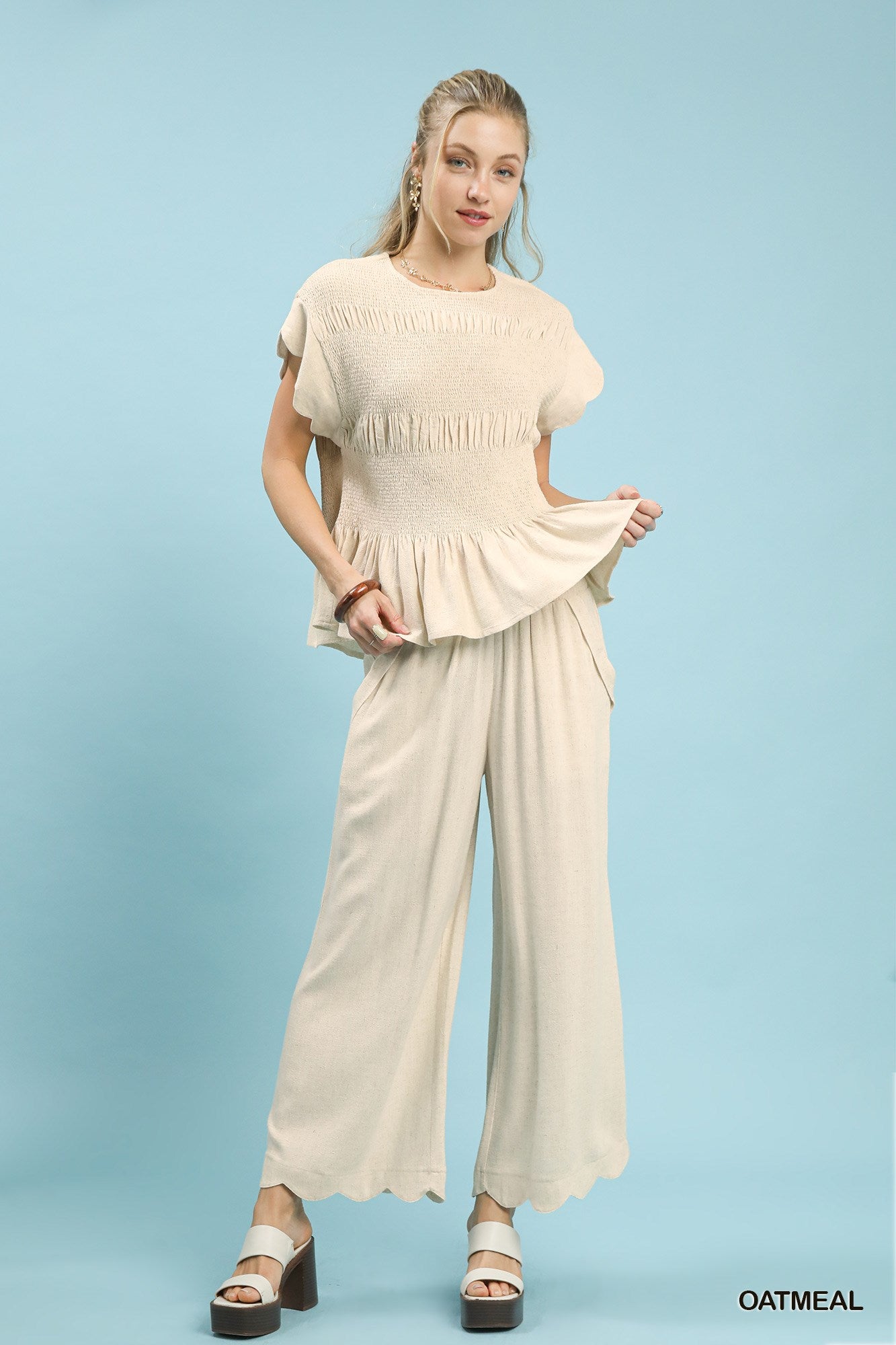 LINEN BLEND PEPLUM TOP/LINEN SCALLOP HEM WIDE LEG PANTS SET* OATMEAL