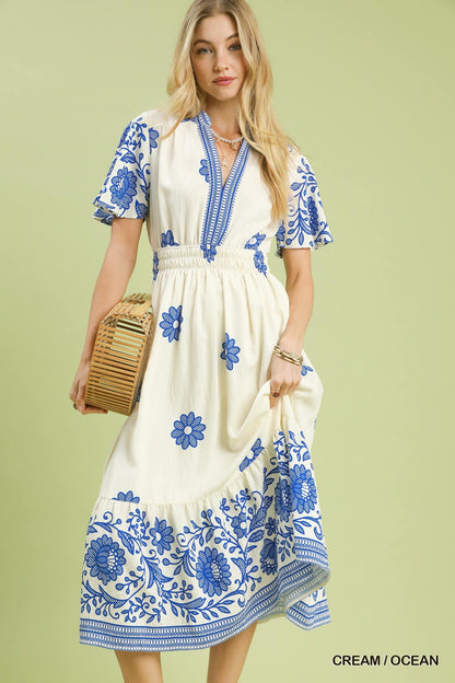 FLORAL BORDER PRINT MIDI DRESS - CREAM/OCEAN