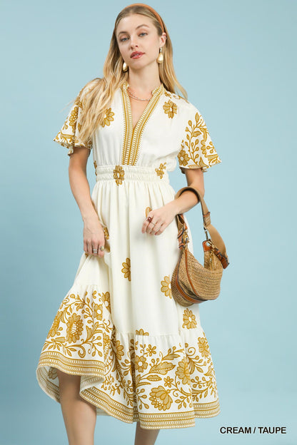 FLORAL BORDER PRINT MIDI DRESS - CREAM/TAUPE