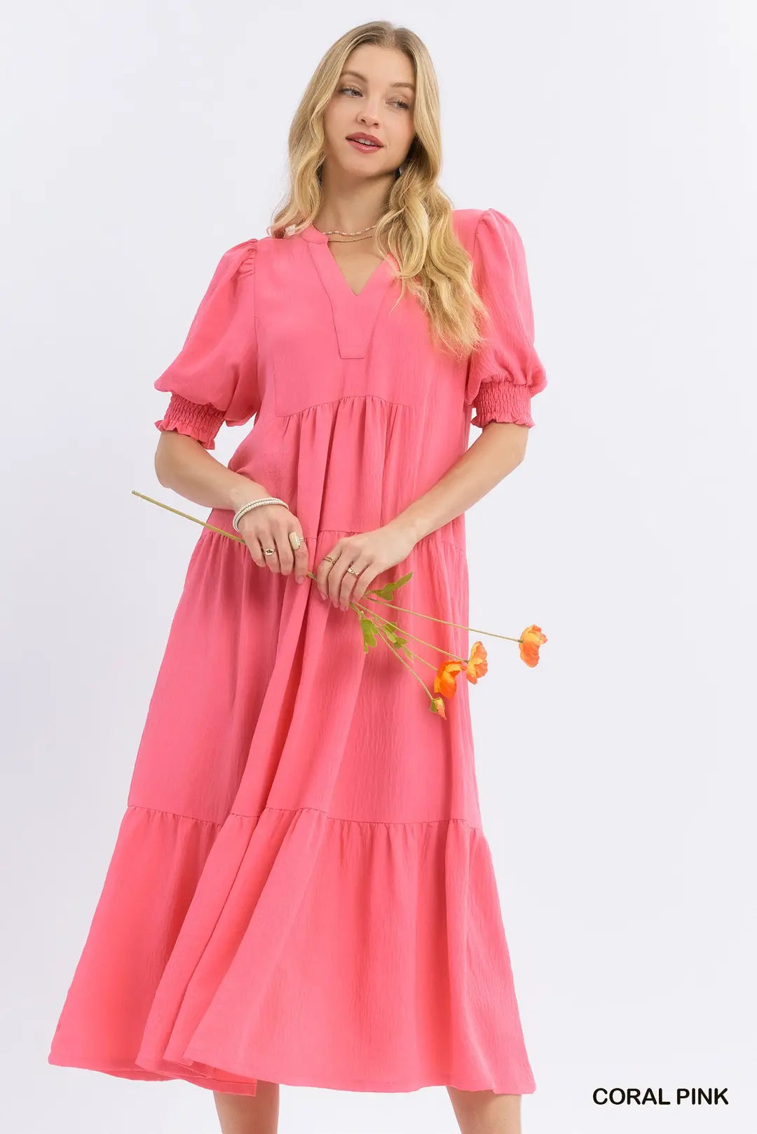 CORAL PINK V-NECK TIERED MIDI DRESS