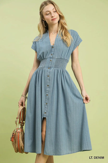 PINSTRIPE SMOCKED WAIST BUTTON-FRONT MIDI DRESS