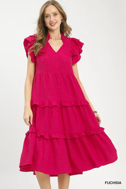 LINING DOUBLE RUFFLE SLEEVE TIERED DRESS ~ FUCHSIA