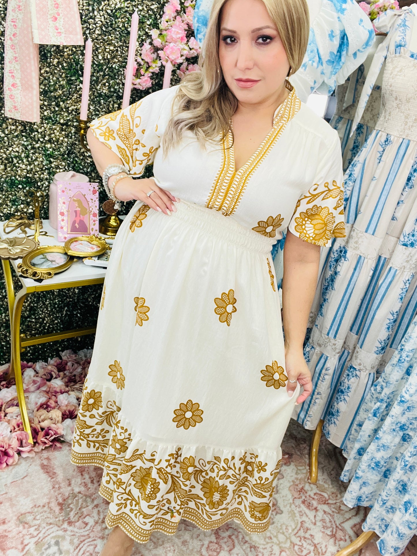 FLORAL BORDER PRINT MIDI DRESS - CREAM/TAUPE