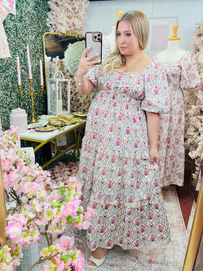 FLORAL RUFFLE PUFF SLEEVE MAXI DRESS