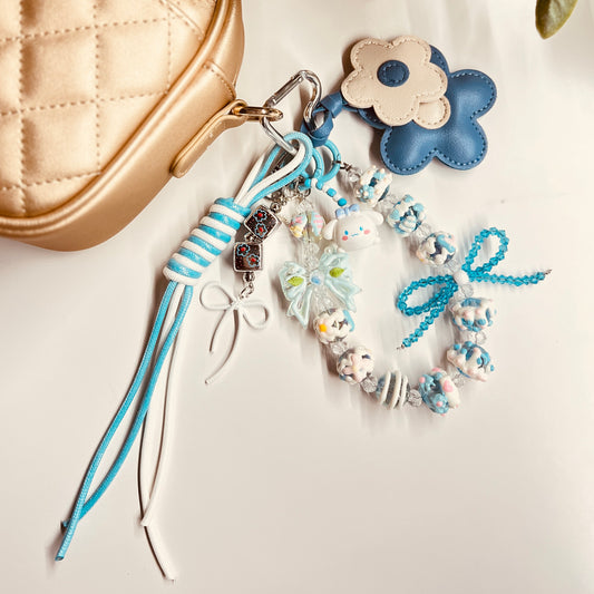 HANDMADE BAG CHARMS ~ FAUX LEATHER FLOWER/HAND PAINTED BEADS