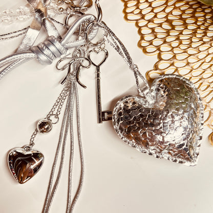 HANDMADE BAG CHARMS ~ SILVER FAUX LEATHER HEART ~