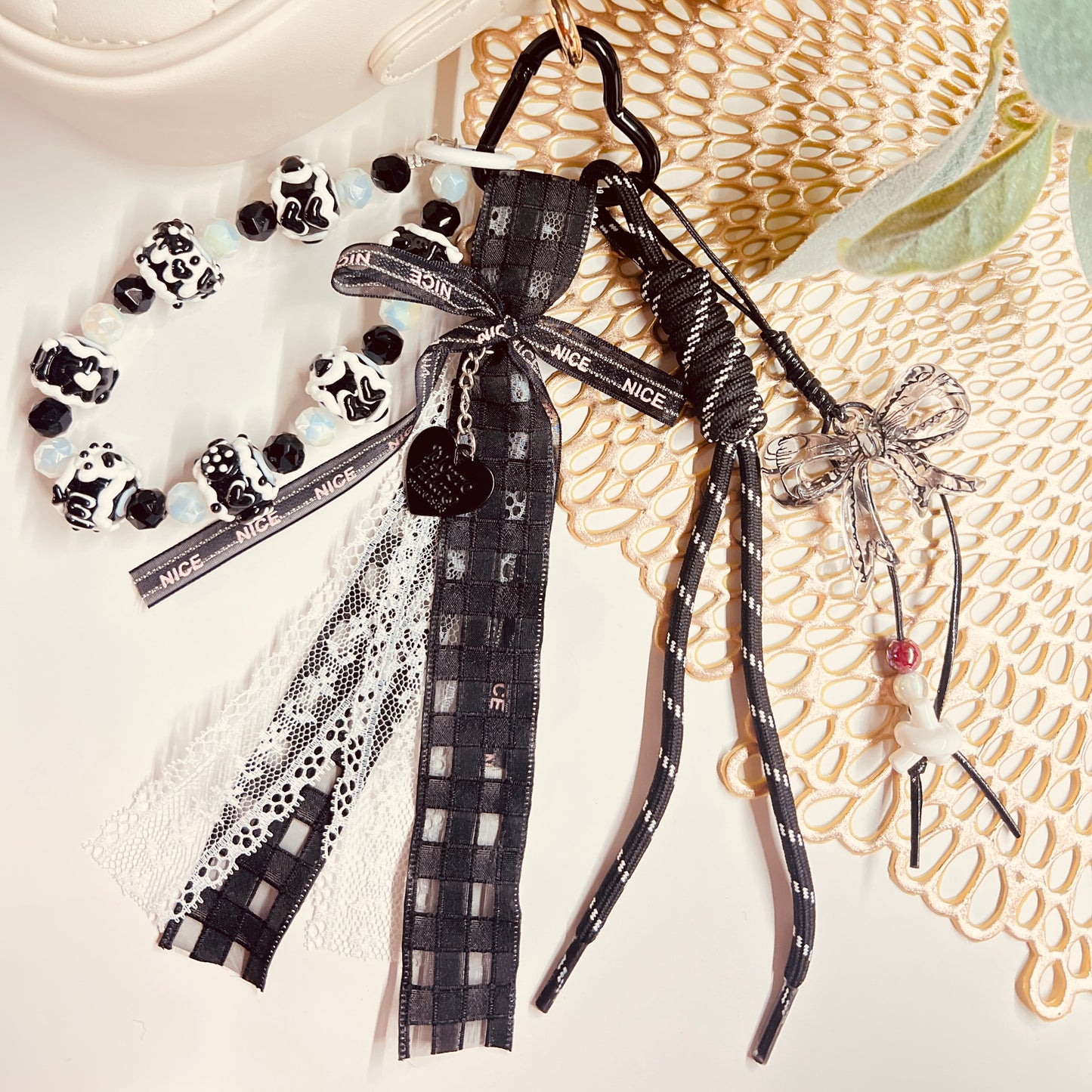 HANDMADE BAG CHARMS ~ HAND PAINTED BEADS/BOW ~