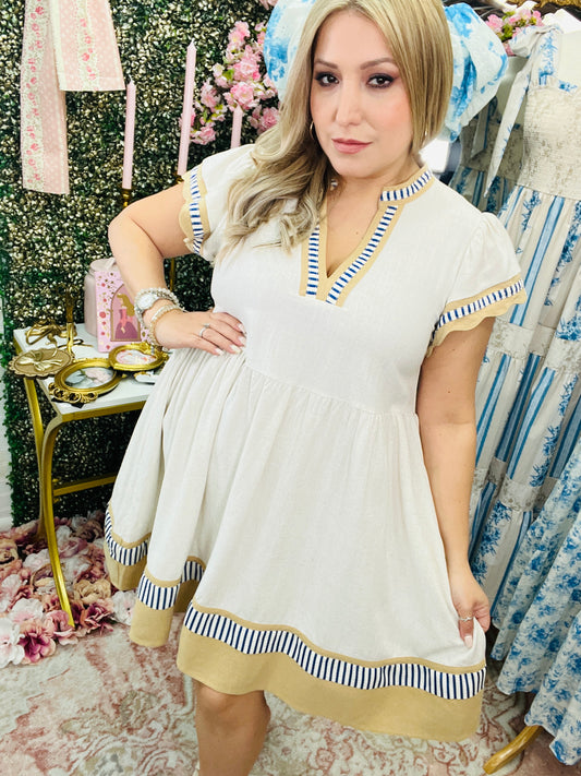 LINEN COLOR BLOCK FLUTTER SLEEVE DRESS