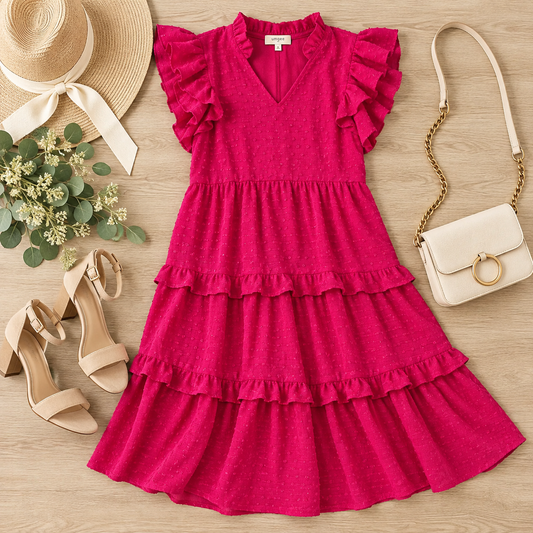 LINING DOUBLE RUFFLE SLEEVE TIERED DRESS ~ FUCHSIA
