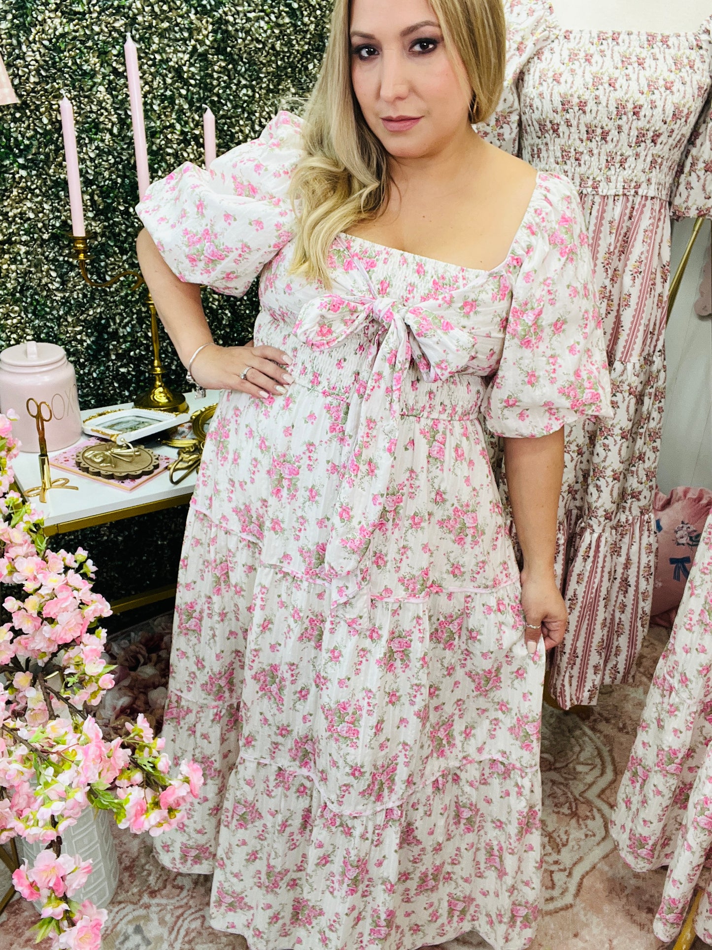 FLORAL PRINTED SMOCKING W/ BOW TIE MAXI DRESS