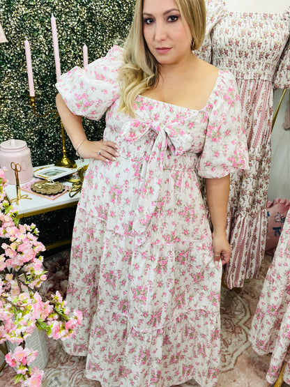 FLORAL PRINTED SMOCKING W/ BOW TIE MAXI DRESS