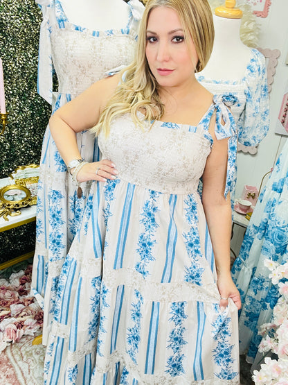 FLORAL PRINTED COTTON POPLIN SHOULDER MAXI DRESS