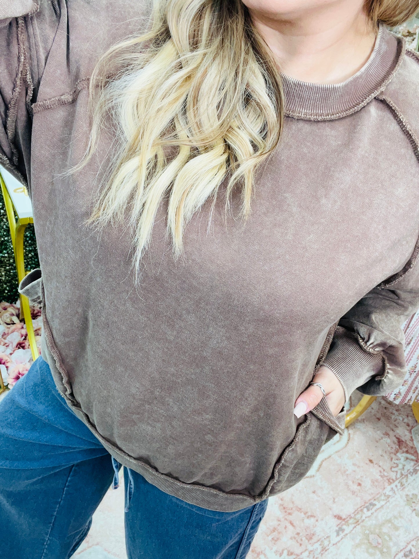 CUT OUT MINERAL WASHED PULLOVER - CACAO