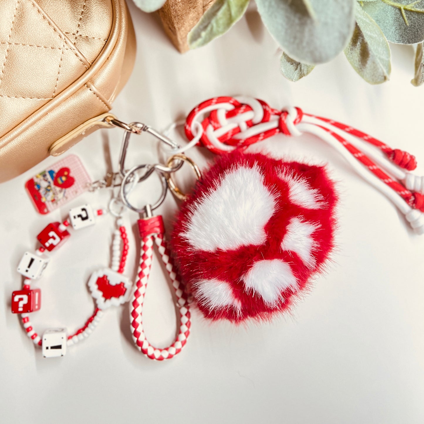 HANDMADE BAG CHARMS ~ RED/WHITE PAW ~