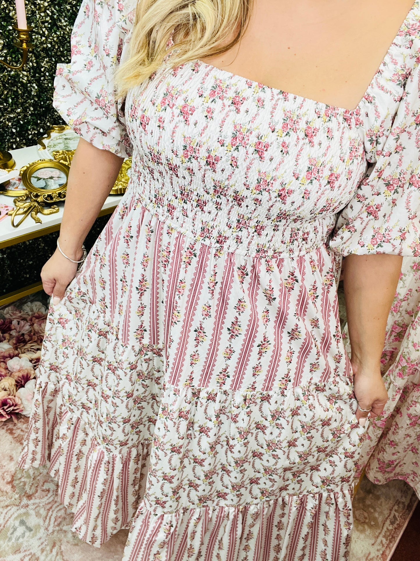 Floral Print Woven Bubble Sleeve with Smocking Top Tier Midi Dress