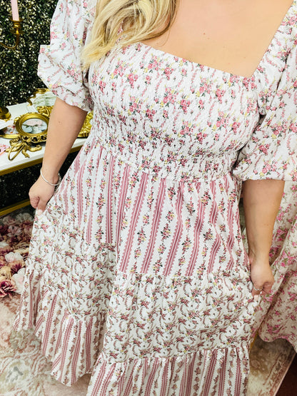 Floral Print Woven Bubble Sleeve with Smocking Top Tier Midi Dress