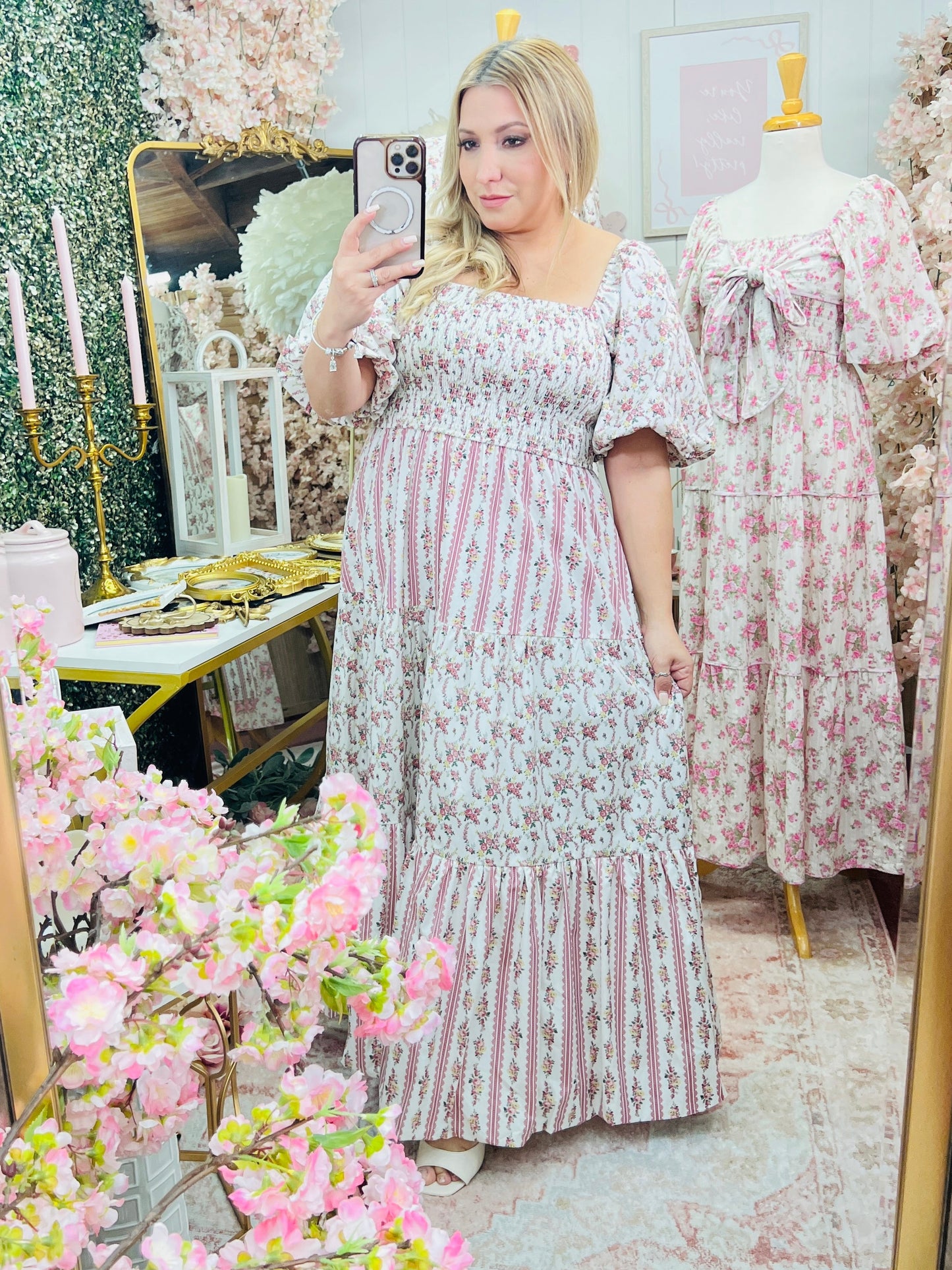 Floral Print Woven Bubble Sleeve with Smocking Top Tier Midi Dress