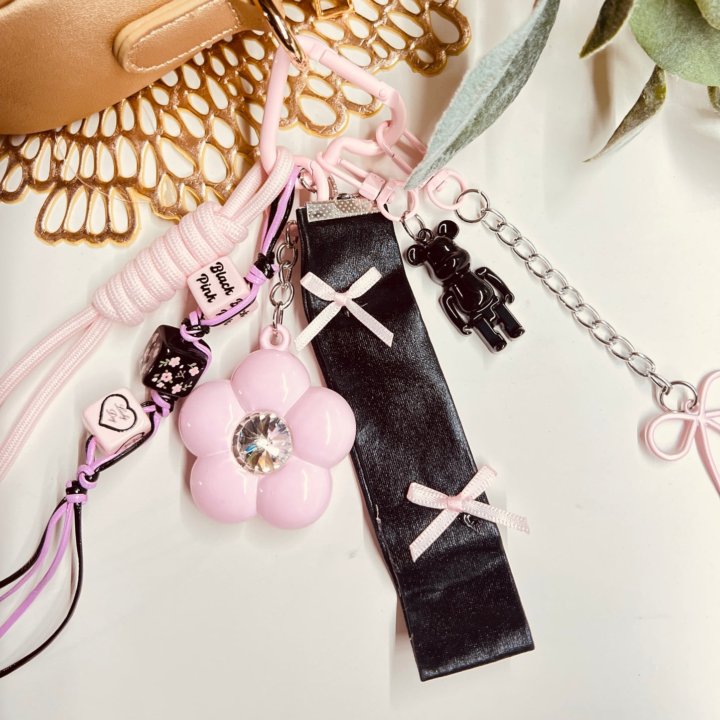 HANDMADE BAG CHARMS ~ PINK METAL FLOWER