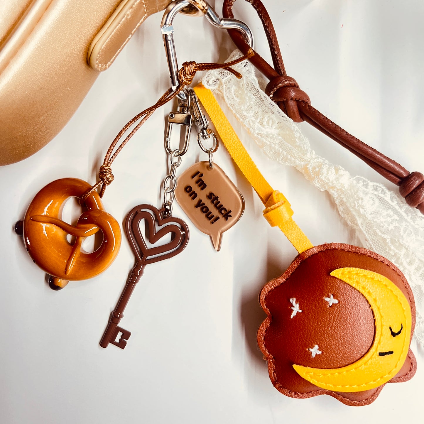 HANDMADE BAG CHARMS ~ LEATHER MOON PRETZEL CHARM ~