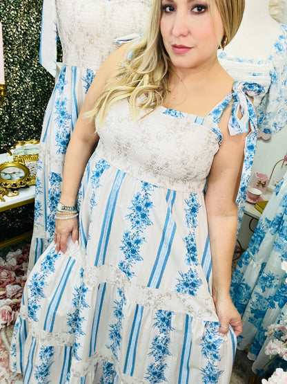 FLORAL PRINTED COTTON POPLIN SHOULDER MAXI DRESS