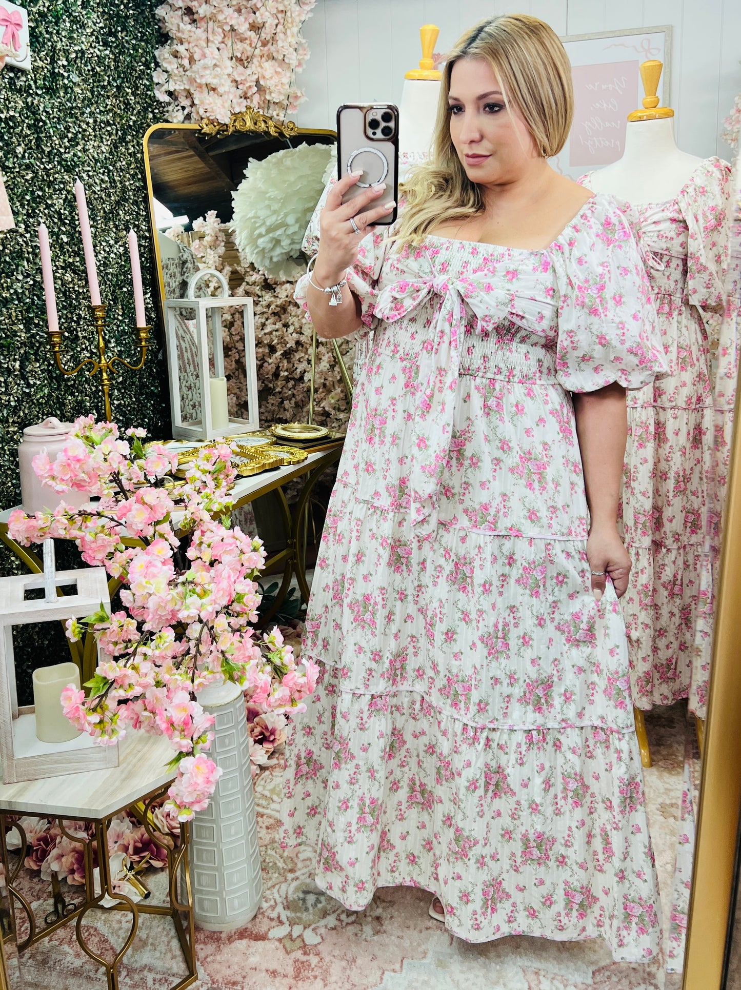 FLORAL PRINTED SMOCKING W/ BOW TIE MAXI DRESS