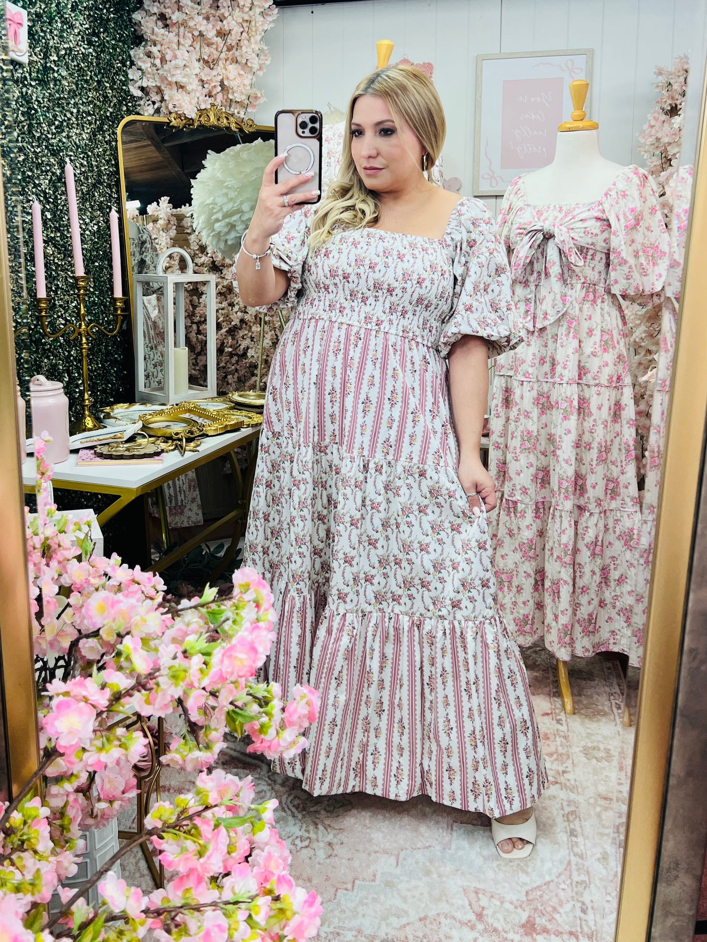 Floral Print Woven Bubble Sleeve with Smocking Top Tier Midi Dress