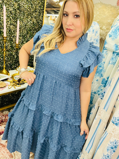 LINING DOUBLE RUFFLE SLEEVE TIERED DRESS ~ DENIM