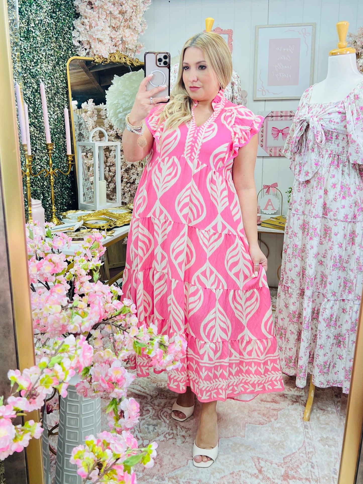 LEAF PRINT TIERED MAXI DRESS