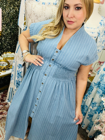 PINSTRIPE SMOCKED WAIST BUTTON-FRONT MIDI DRESS