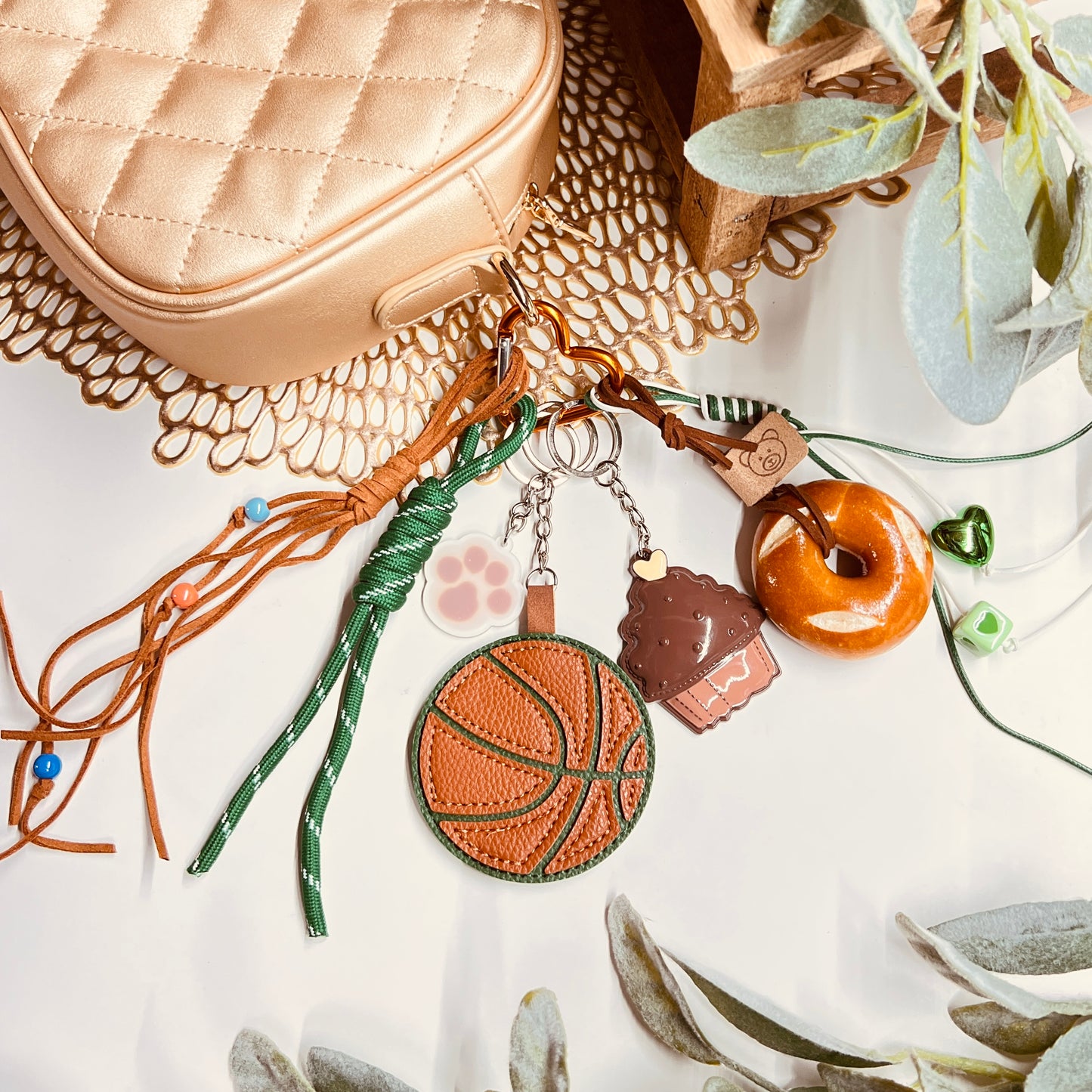 HANDMADE BAG CHARMS ~ LEATHER BASKET BALL