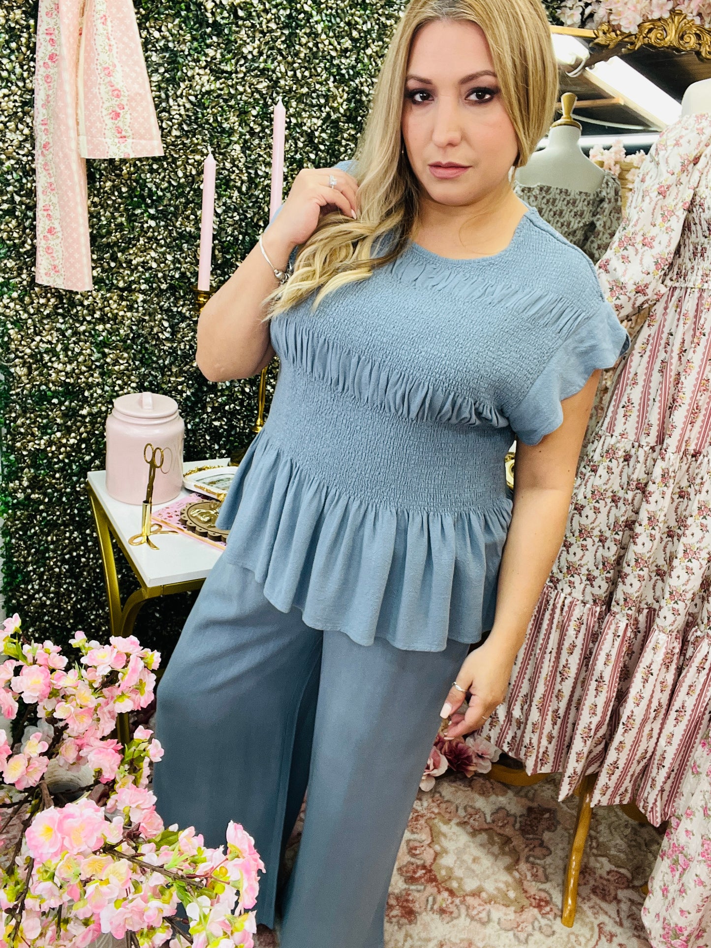 LINEN BLEND PEPLUM TOP/LINEN SCALLOP HEM WIDE LEG PANTS SET* STEEL BLUE