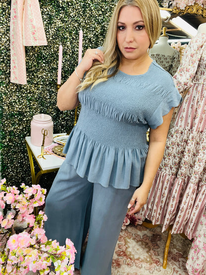 LINEN BLEND PEPLUM TOP/LINEN SCALLOP HEM WIDE LEG PANTS SET* STEEL BLUE