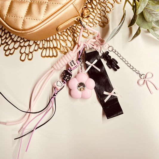 HANDMADE BAG CHARMS ~ PINK METAL FLOWER