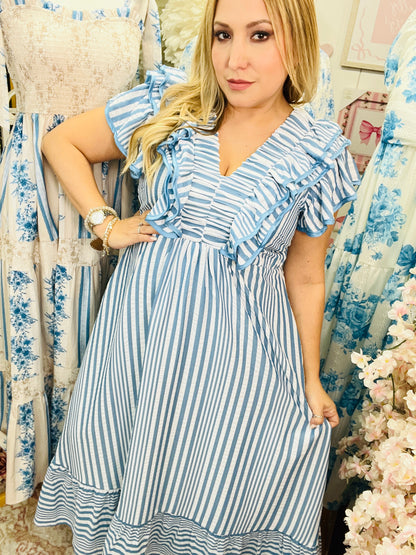 STRIPED RUFFLE MIDI DRESS