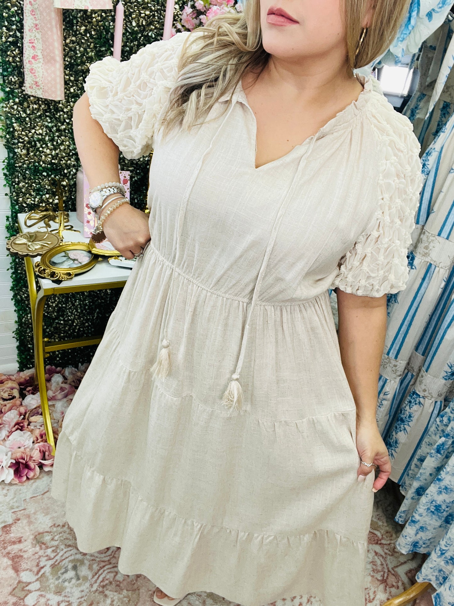 LINEN SPLIT NECK FRONT TIE MIDI DRESS