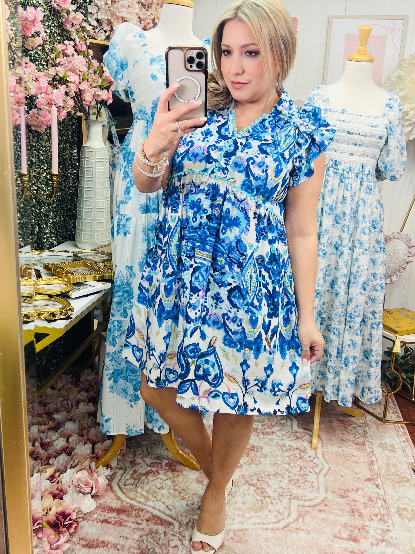 RUFFLE SLEEVE BOHO BABYDOLL DRESS - COBALT MIX
